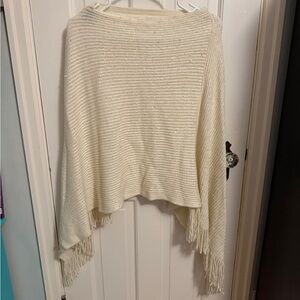 Charlie Paige Bejeweled Poncho – One Size, Cream with Sparkles & Fringe